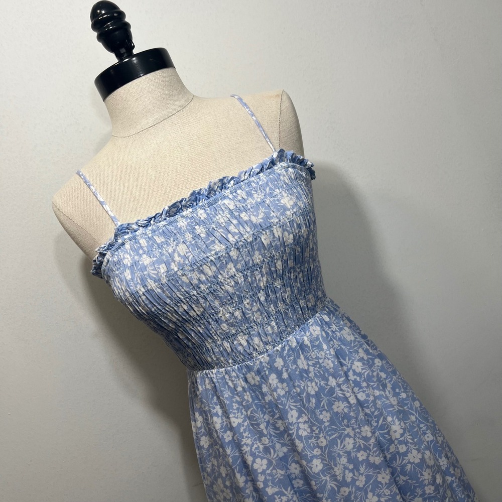 AQUA Womens Smocked Floral‎ Sundress Light Blue White XS Adjustable Straps Boho